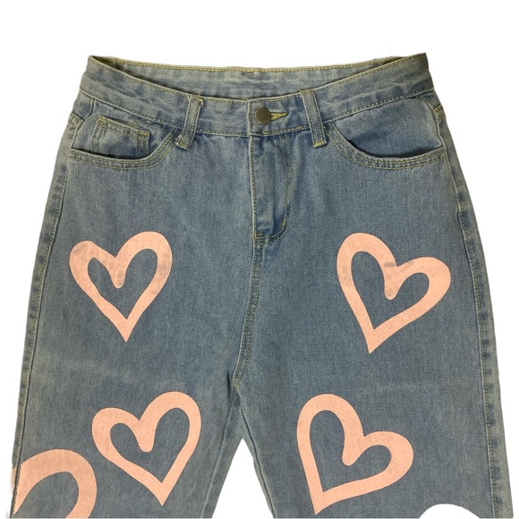 Colorful Natalie Women’s High Waisted Y2K Anime Heart Printed Jeans Size M Baggy - Picture 2 of 13